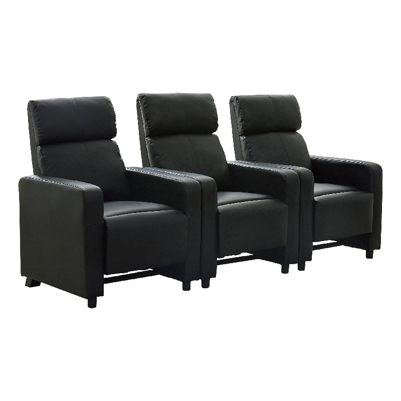 Benjara Heena Home Theater Set with 3 Manual Recliners- Black Faux Leather