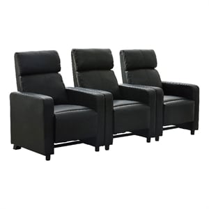 Benjara Heena Home Theater Set with 3 Manual Recliners- Black Faux Leather