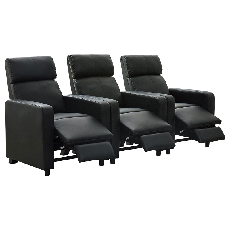 Benjara Heena Home Theater Set with 3 Manual Recliners- Black Faux Leather