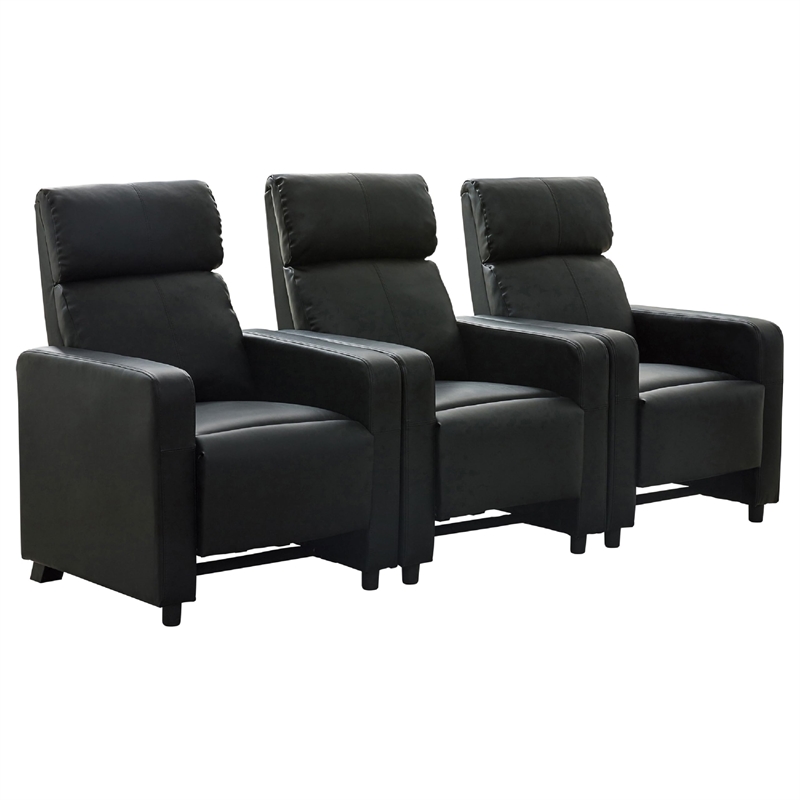 Benjara Heena Home Theater Set with 3 Manual Recliners- Black Faux Leather