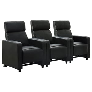 Benjara Heena Home Theater Set with 3 Manual Recliners- Black Faux Leather