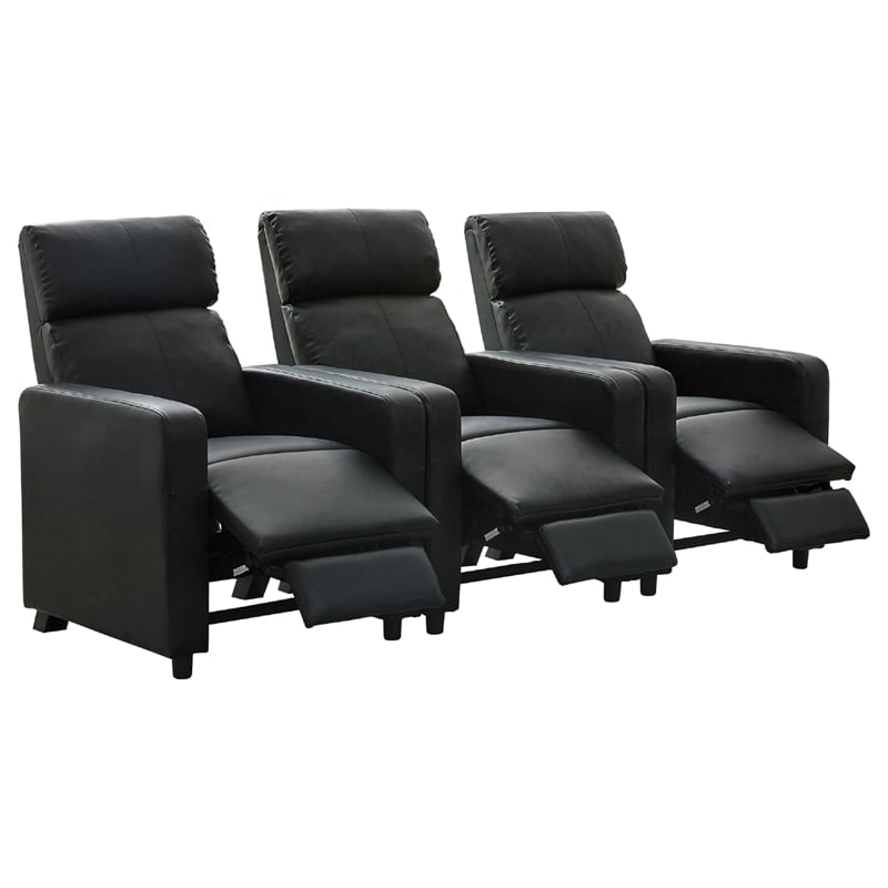 Benjara Heena Home Theater Set with 3 Manual Recliners- Black Faux Leather