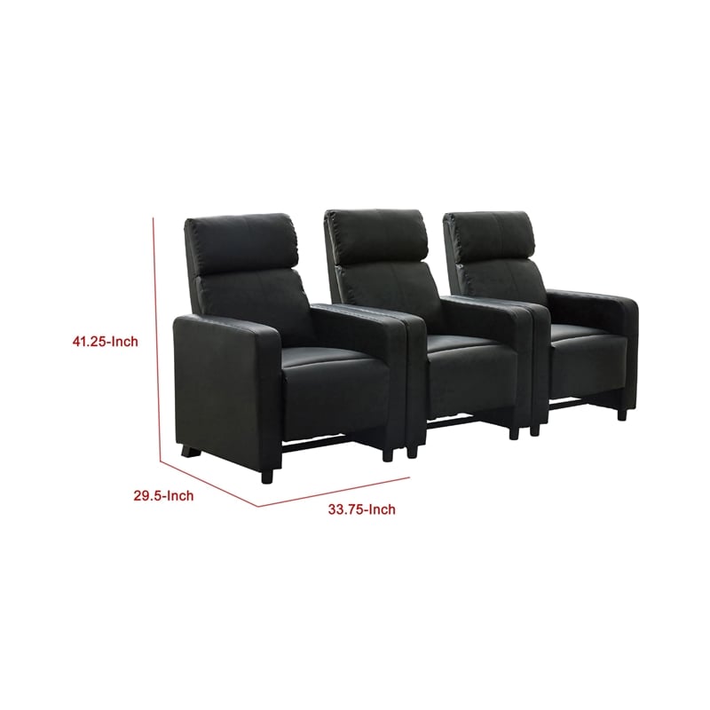 Benjara Heena Home Theater Set with 3 Manual Recliners- Black Faux Leather