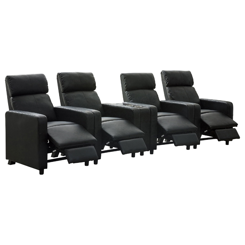 Benjara Heena Home Theater Set-4 Manual Recliners-1 Console-Black Faux Leather