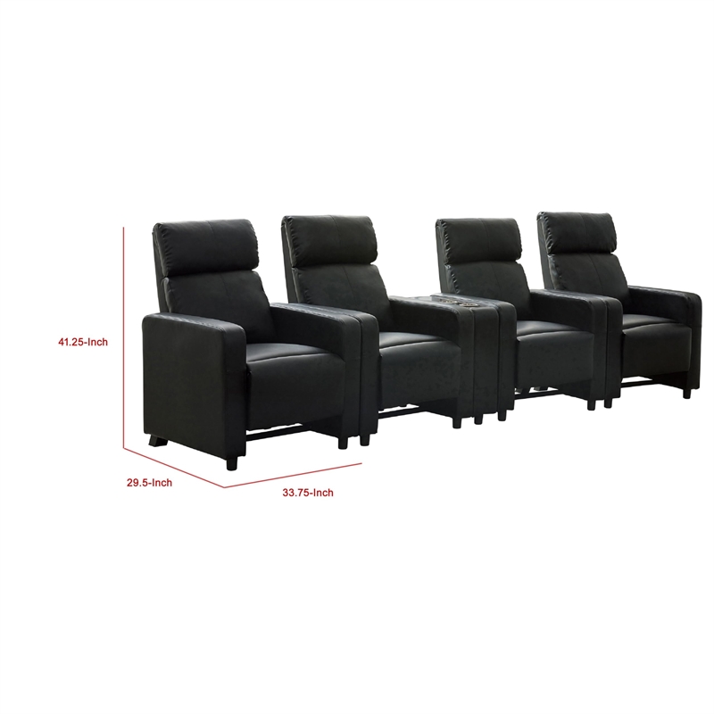 Benjara Heena Home Theater Set-4 Manual Recliners-1 Console-Black Faux Leather