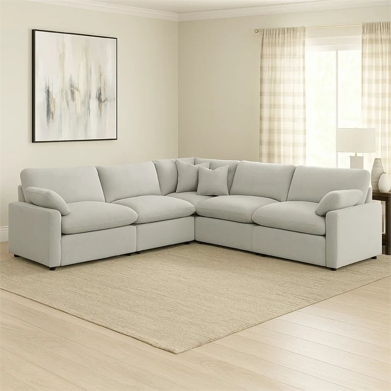 Benjara Biny 5pc L Shape Modular Sectional Sofa- Light Gray- Power Reclining