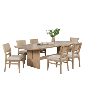 Benjara Lno 7 Piece Rectangular Dining Table Set- 6 Chairs- Beige Hardwood