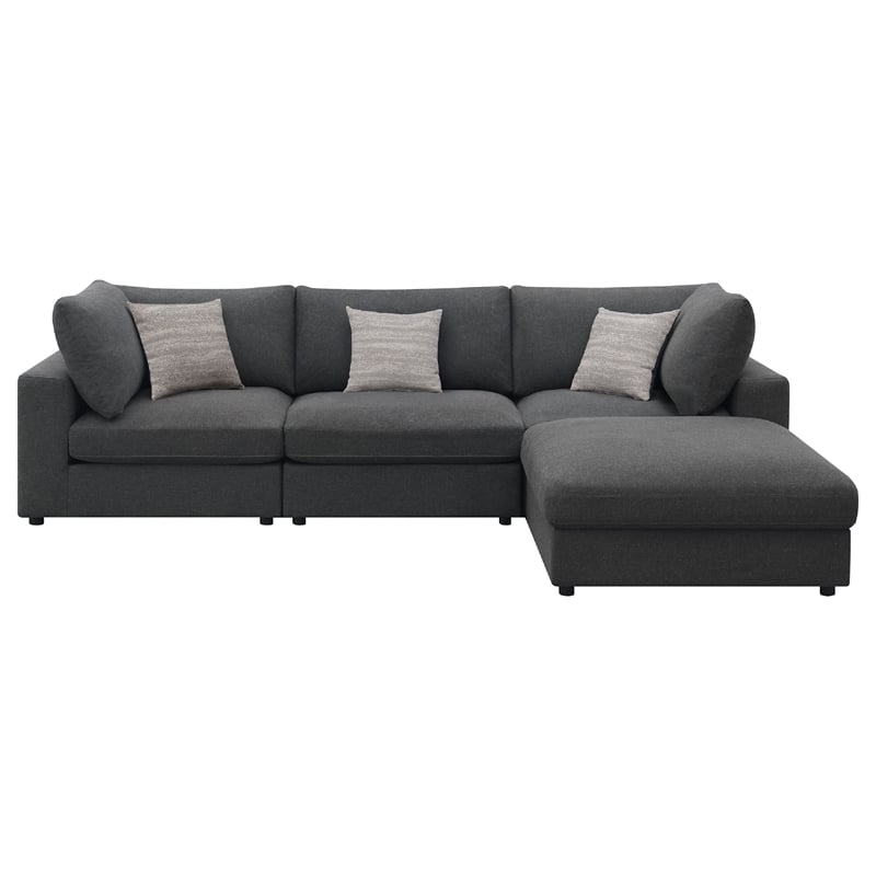Benjara Serena 4pc Modular Sectional Sofa- Ottoman- 3 Pillows- Gray Jacquard