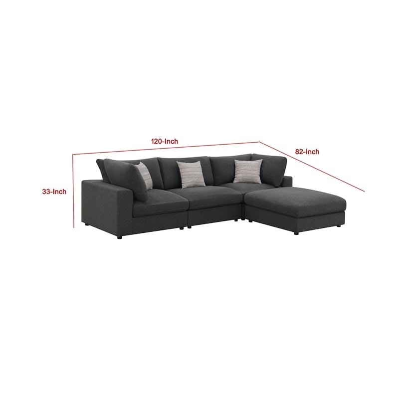 Benjara Serena 4pc Modular Sectional Sofa- Ottoman- 3 Pillows- Gray Jacquard