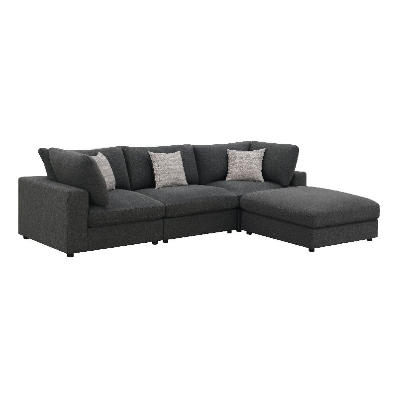 Benjara Serena 4pc Modular Sectional Sofa- Ottoman- 3 Pillows- Gray Jacquard