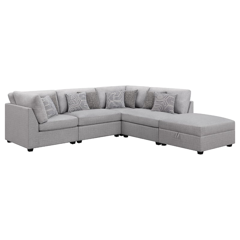Benjara Cambia 5 Piece Modular Sectional Sofa with Ottoman- Gray- 8 Pillows