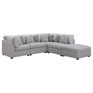 Benjara Cambia 5 Piece Modular Sectional Sofa with Ottoman- Gray- 8 Pillows