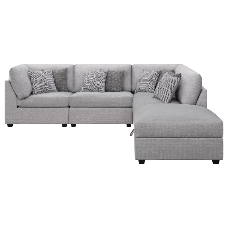 Benjara Cambia 5 Piece Modular Sectional Sofa with Ottoman- Gray- 8 Pillows