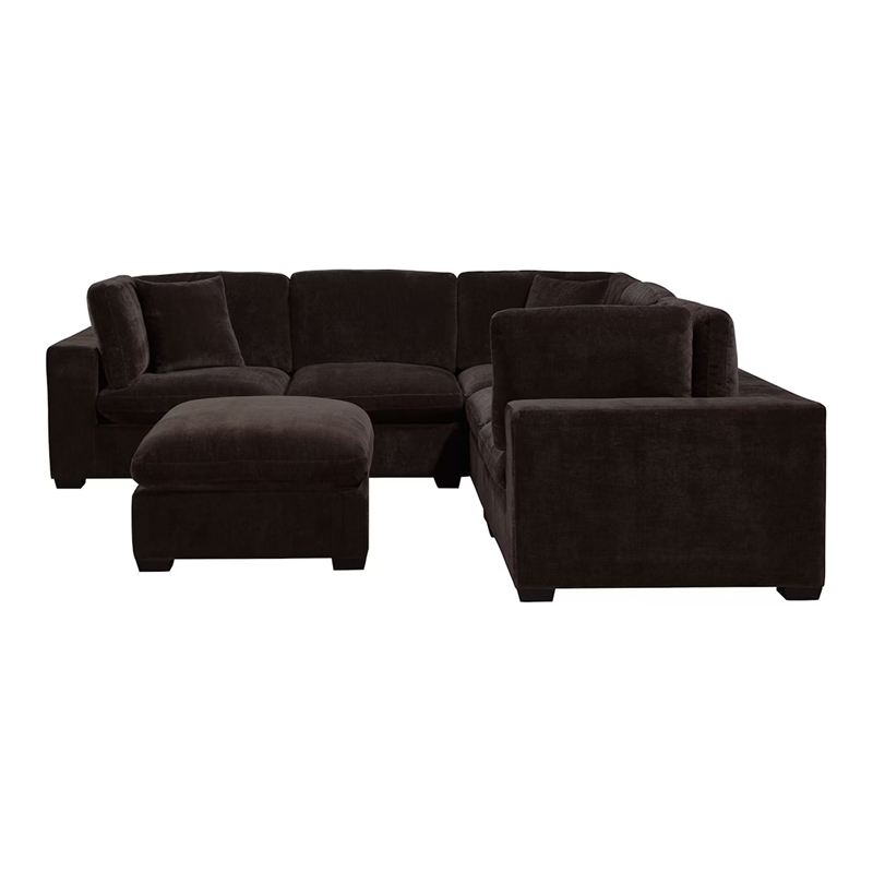 Benjara Lahe 6 Piece Modular Sectional with Ottoman- 3 Pillows- Dark Brown