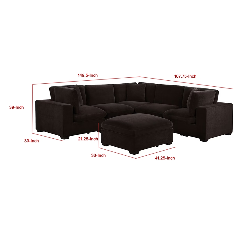 Benjara Lahe 6 Piece Modular Sectional with Ottoman- 3 Pillows- Dark Brown