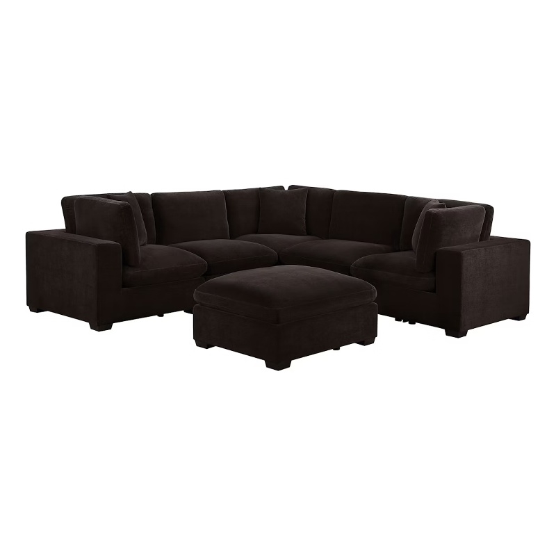 Benjara Lahe 6 Piece Modular Sectional with Ottoman- 3 Pillows- Dark Brown