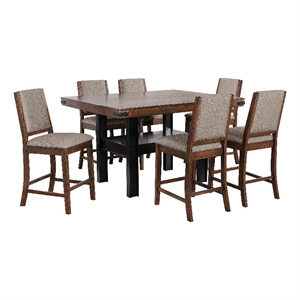 Benjara Patter 7 Piece Counter Height Dining Set- 6 Padded Chairs- Mango Oak
