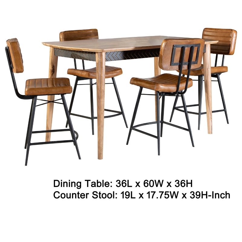 Benjara Hom 5pc Counter Height Dining Set- Brown Wood- 4 Faux Leather Chairs