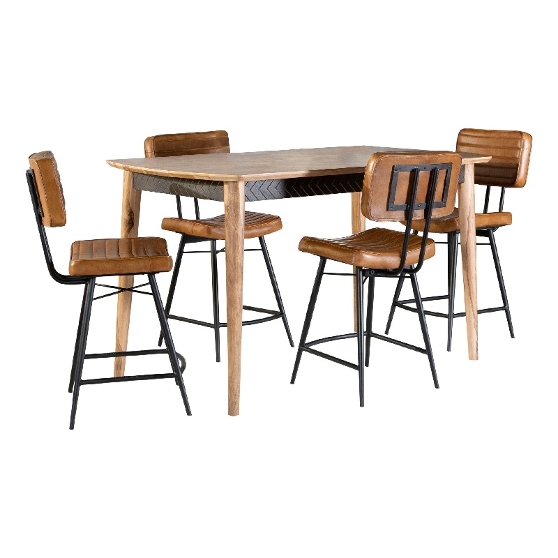 Benjara Hom 5pc Counter Height Dining Set- Brown Wood- 4 Faux Leather Chairs
