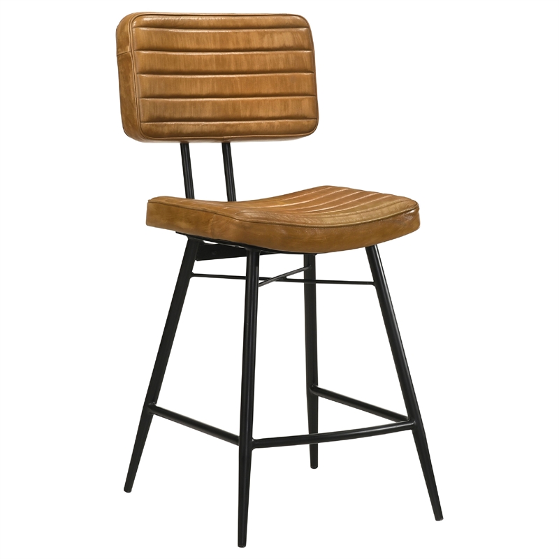 Benjara Hom 7pc Counter Height Dining Set- 6 Faux Leather Chairs- Camel Brown