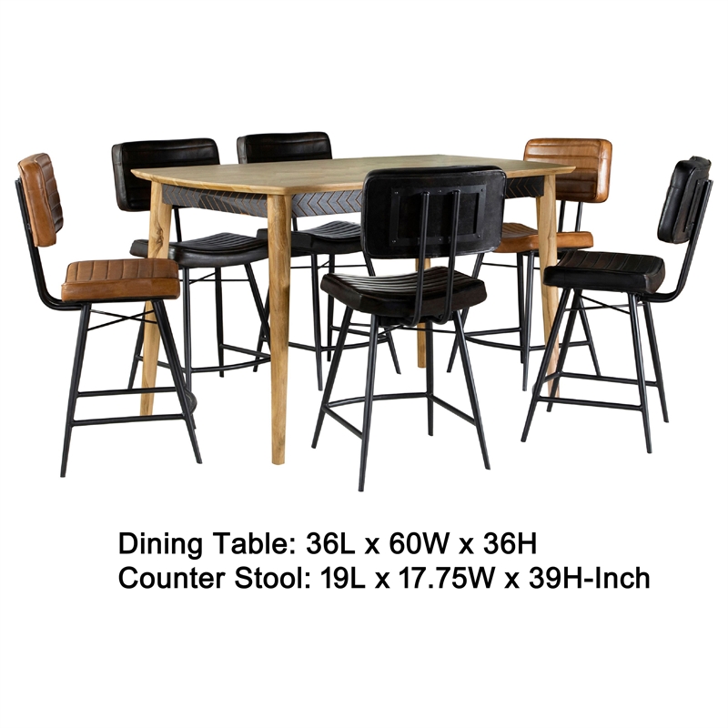 Benjara Hom 7pc Counter Height Dining Set- 6 Faux Leather Chairs- Camel Brown
