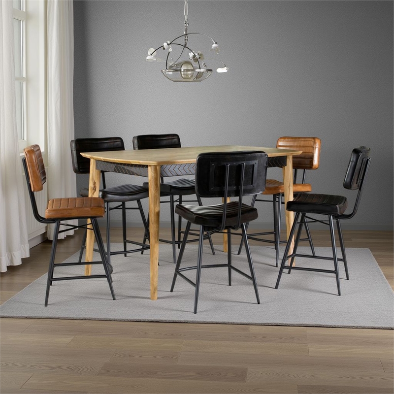 Benjara Hom 7pc Counter Height Dining Set- 6 Faux Leather Chairs- Camel Brown