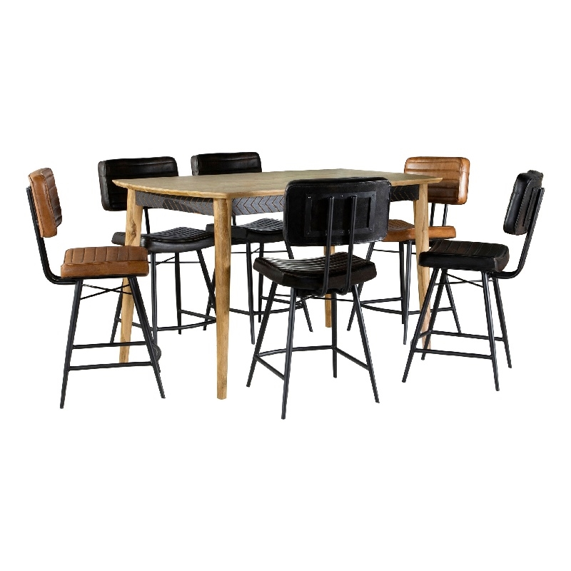 Benjara Hom 7pc Counter Height Dining Set- 6 Faux Leather Chairs- Camel Brown