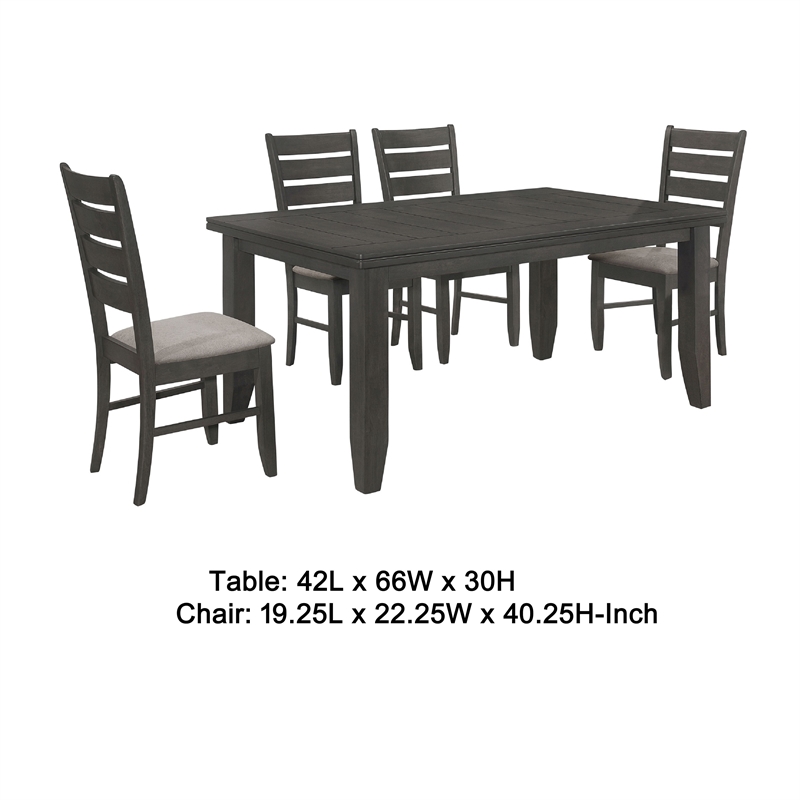 Benjara Diyi 5pc Dining Table and 4 Chairs Set w Dark Gray Seats and Ladder Back