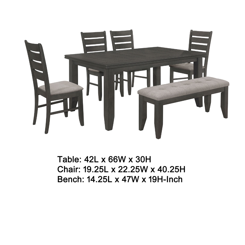 Benjara Diyi 6pc Dining Table- Bench- and 4 Chairs Set w Dark Gray Seats