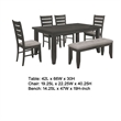 Benjara Diyi 6pc Dining Table- Bench- and 4 Chairs Set w Dark Gray Seats