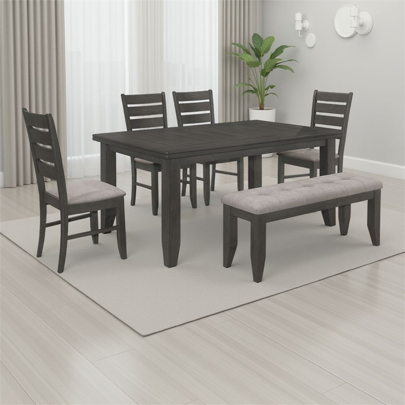 Benjara Diyi 6pc Dining Table- Bench- and 4 Chairs Set w Dark Gray Seats