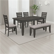 Benjara Diyi 6pc Dining Table- Bench- and 4 Chairs Set w Dark Gray Seats