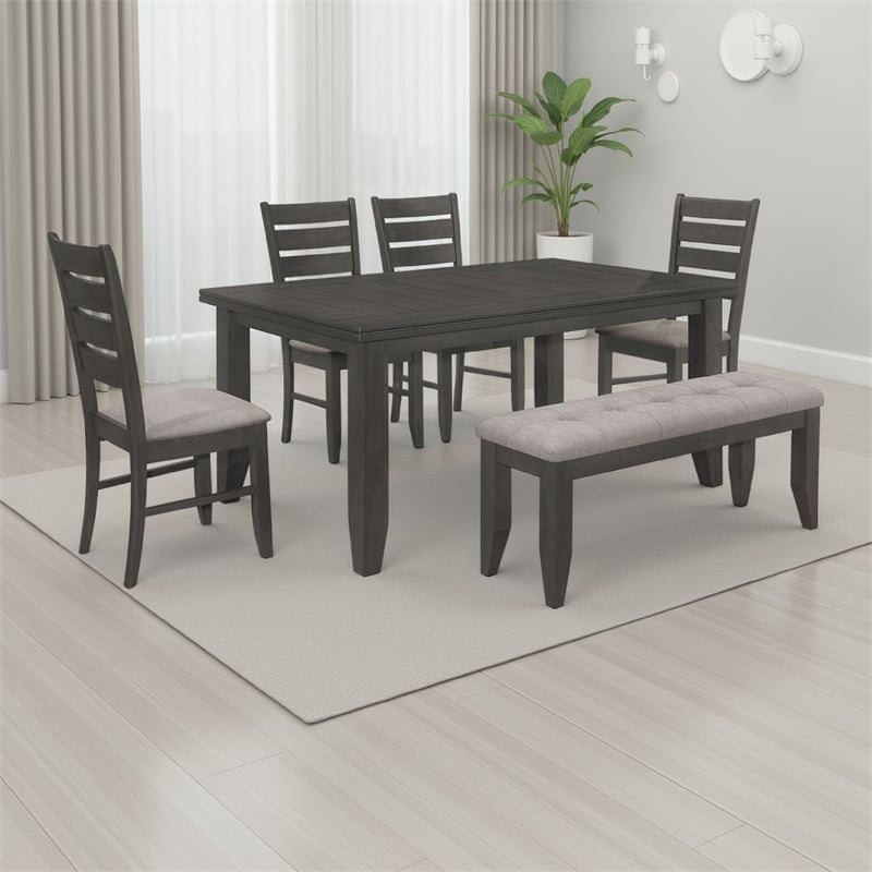 Benjara Diyi 6pc Dining Table- Bench- and 4 Chairs Set w Dark Gray Seats