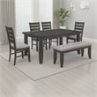 Benjara Diyi 6pc Dining Table- Bench- and 4 Chairs Set w Dark Gray Seats