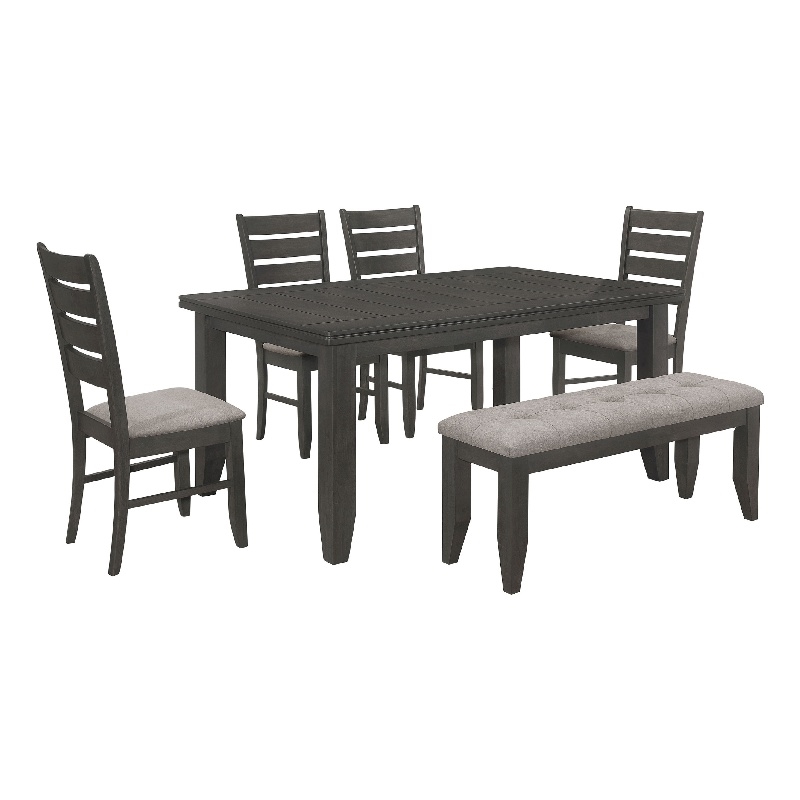 Benjara Diyi 6pc Dining Table- Bench- and 4 Chairs Set w Dark Gray Seats
