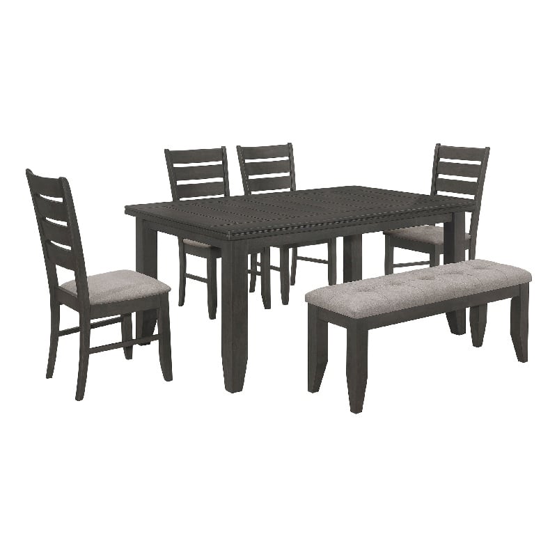 Benjara Diyi 6pc Dining Table- Bench- and 4 Chairs Set w Dark Gray Seats