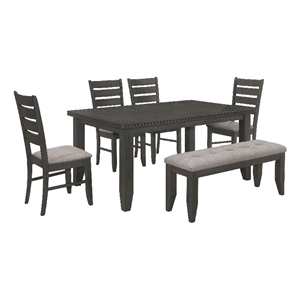 Benjara Diyi 6pc Dining Table- Bench- and 4 Chairs Set w Dark Gray Seats