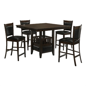 Benjara Edan 5pc Counter Height Dining Set- Brown Table- Black Padded Chairs
