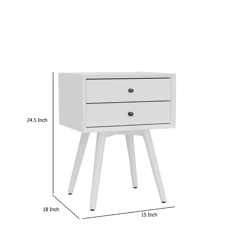 Ian Small Nightstand w 2 Drawers- Modern White Solid Mahogany Wood