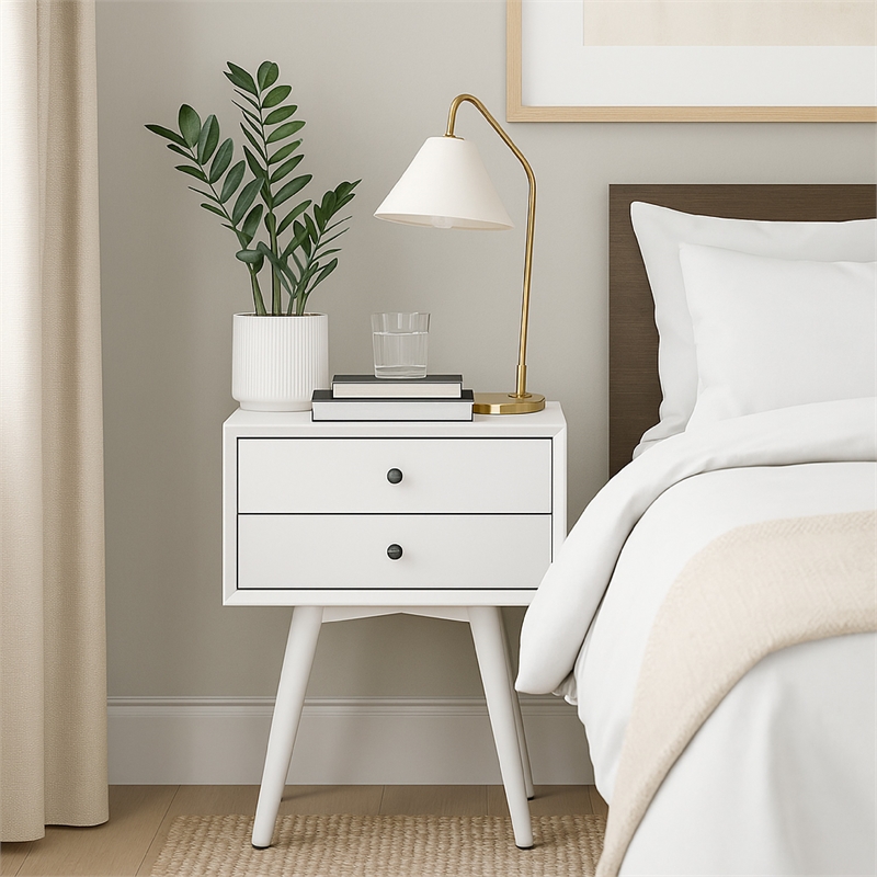 Ian Small Nightstand w 2 Drawers- Modern White Solid Mahogany Wood