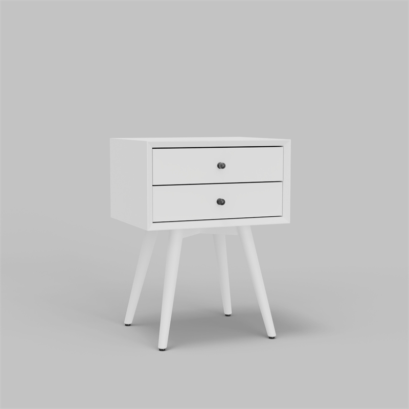Ian Small Nightstand w 2 Drawers- Modern White Solid Mahogany Wood