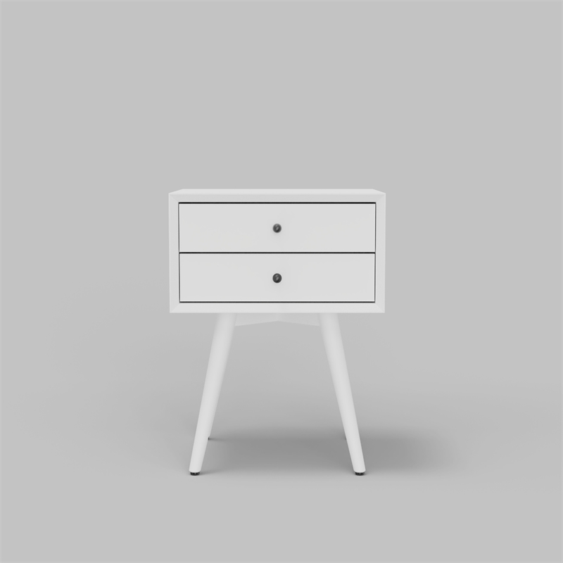 Ian Small Nightstand w 2 Drawers- Modern White Solid Mahogany Wood