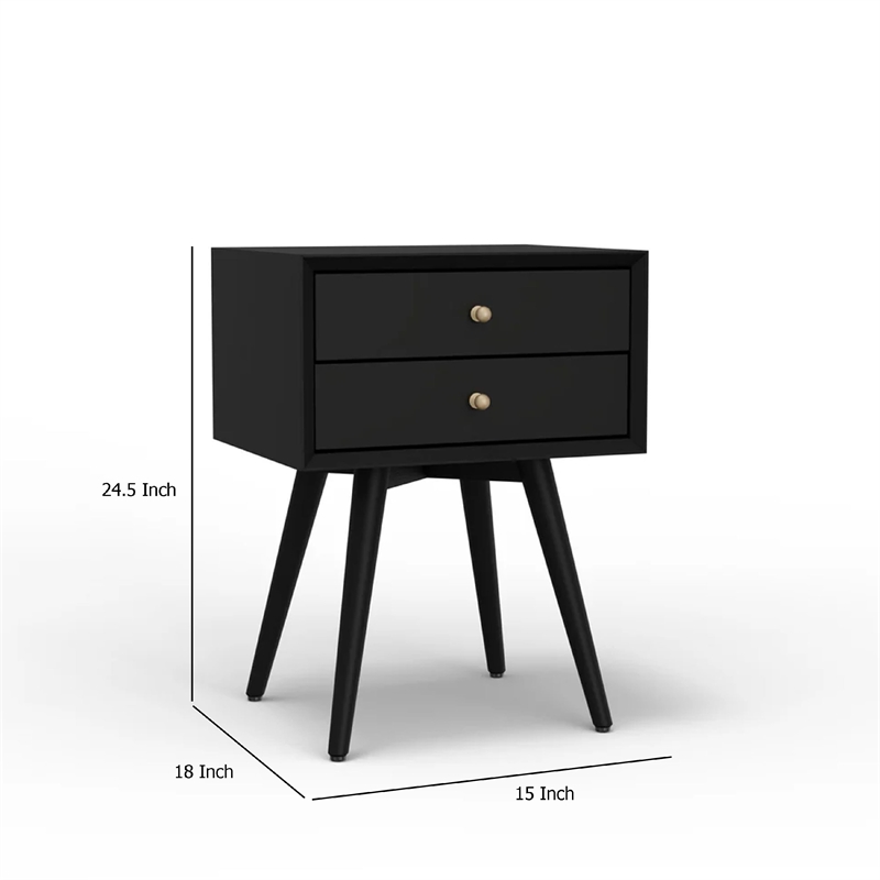 Ian Small Nightstand w 2 Drawers- Modern Black Solid Mahogany Wood