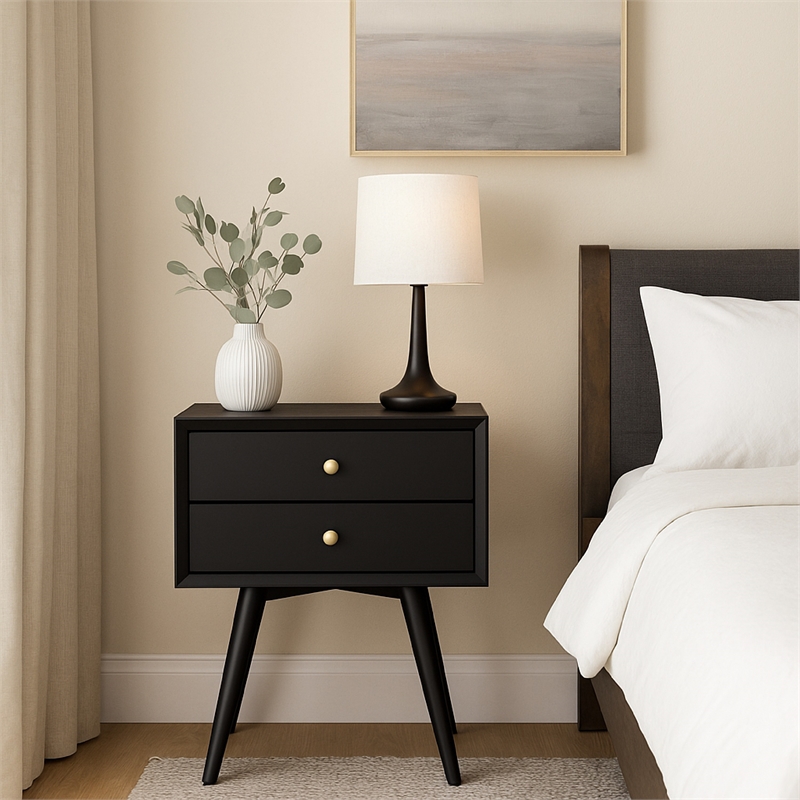 Ian Small Nightstand w 2 Drawers- Modern Black Solid Mahogany Wood