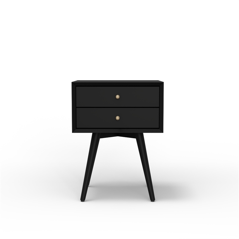 Ian Small Nightstand w 2 Drawers- Modern Black Solid Mahogany Wood