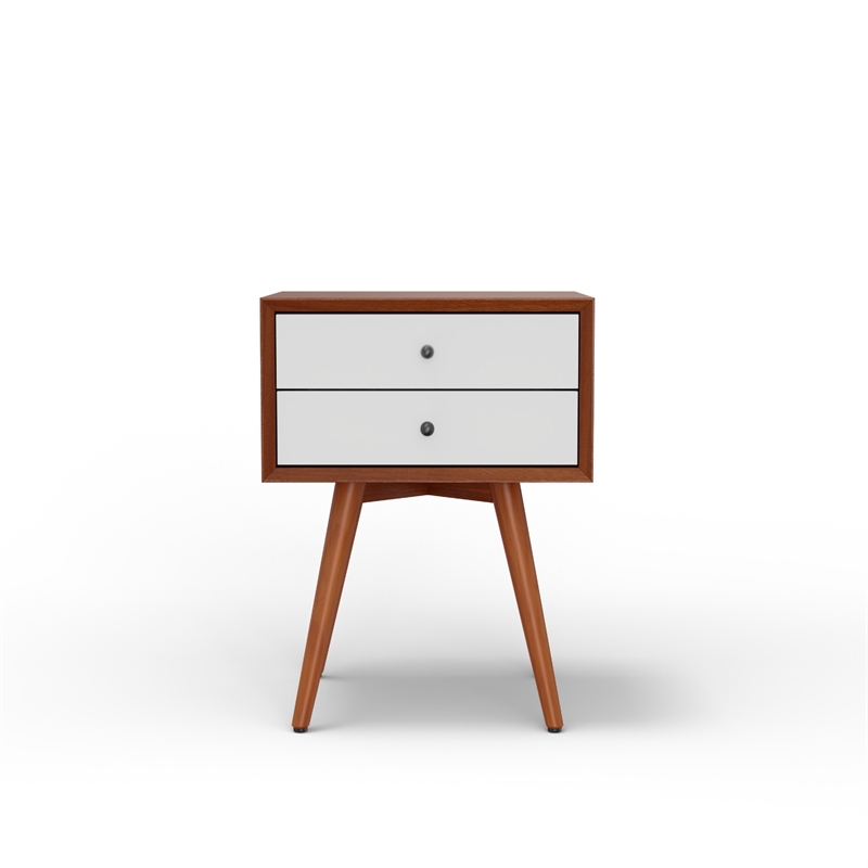 Ian Small Nightstand- 2 Drawers- Brown and White Solid Mahogany Wood