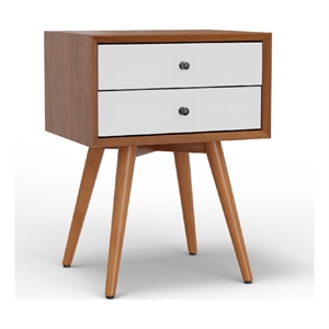 Ian Small Nightstand- 2 Drawers- Brown and White Solid Mahogany Wood