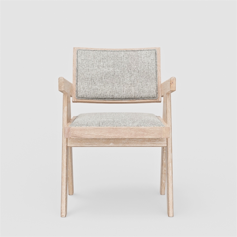 Hela Dining Armchair Set of 2- Gray Fabric- Driftwood Brown Rubberwood