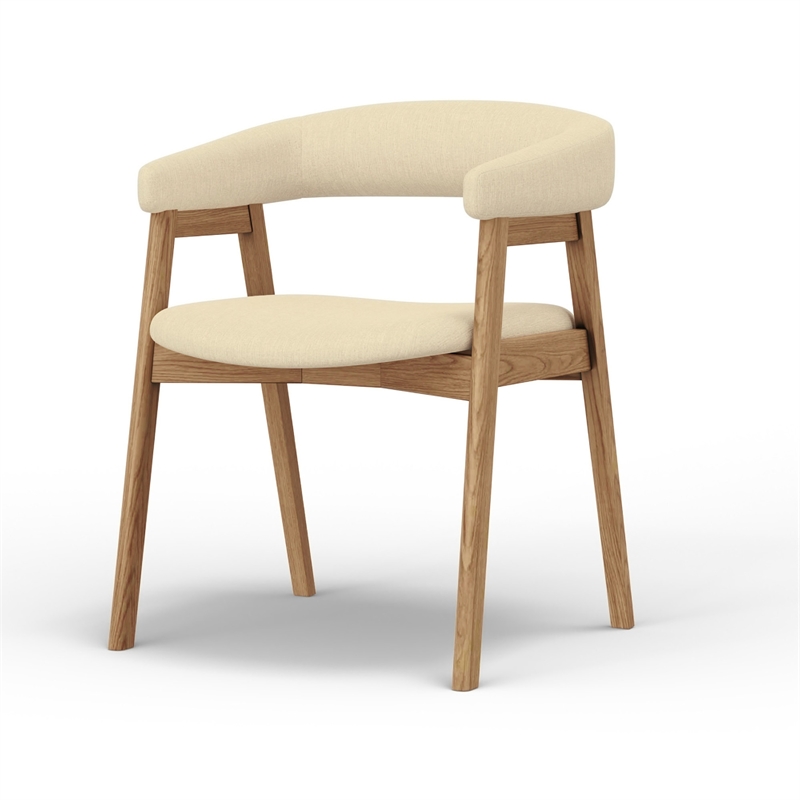 Vecy Dining Chair Set of 2- Curved Back- Gray Fabric- Brown Rubberwood