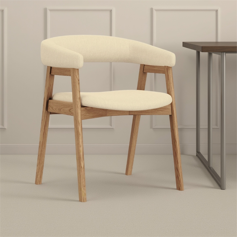Vecy Dining Chair Set of 2- Curved Back- Gray Fabric- Brown Rubberwood
